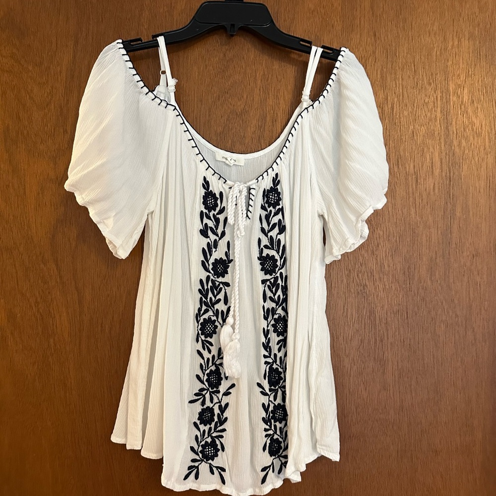 Maurices White Blouse with Black Embroidery